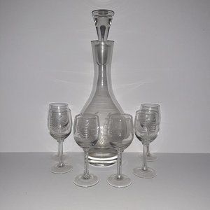 *SOLD* Vintage Etched Glass Sherry Wine Decanter & Cordial 8 pc Set
